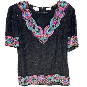 Vintage Stenay Womens Top Size M Black Silk Beaded Sequined Allover Dressy 80s